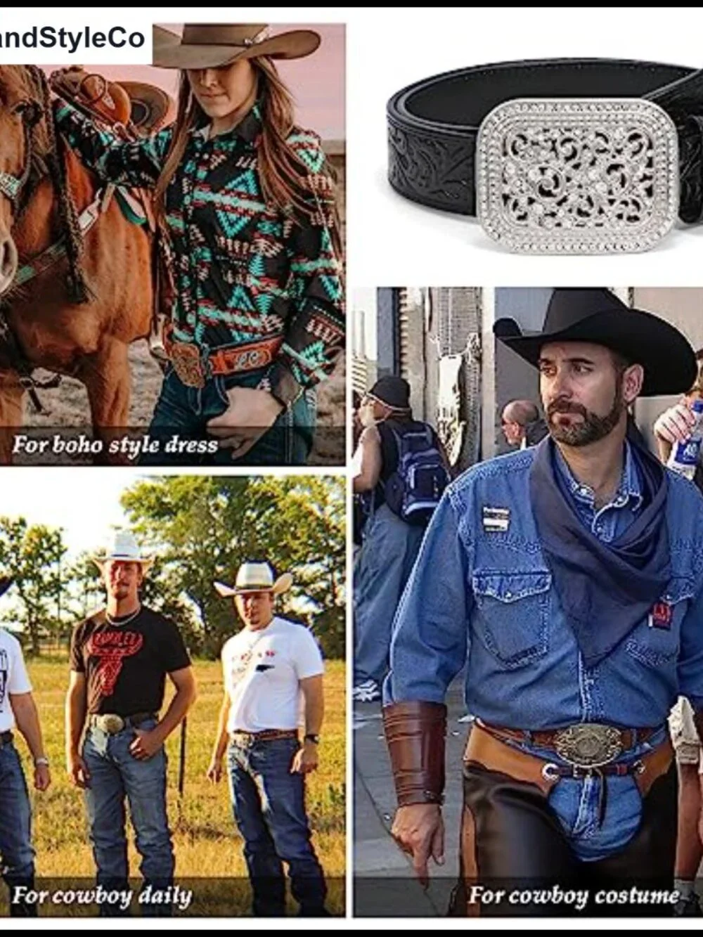 Genuine Leather Western Belt with Rhinestone Buckle, Unisex Cowgirl Cowboy Belt